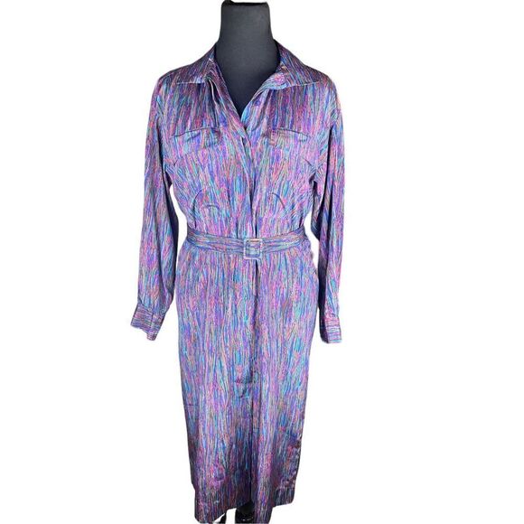 Vintage Schrader sport button down belted long sleeve shirt polyester dress 12 - Picture 1 of 4